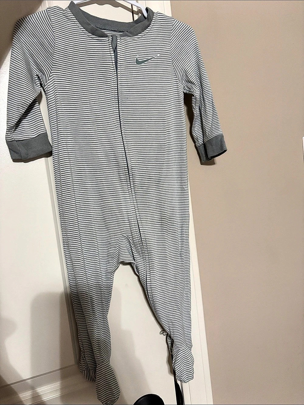 Nike Striped Sage Green & White Baby Onesie Footed Pajamas